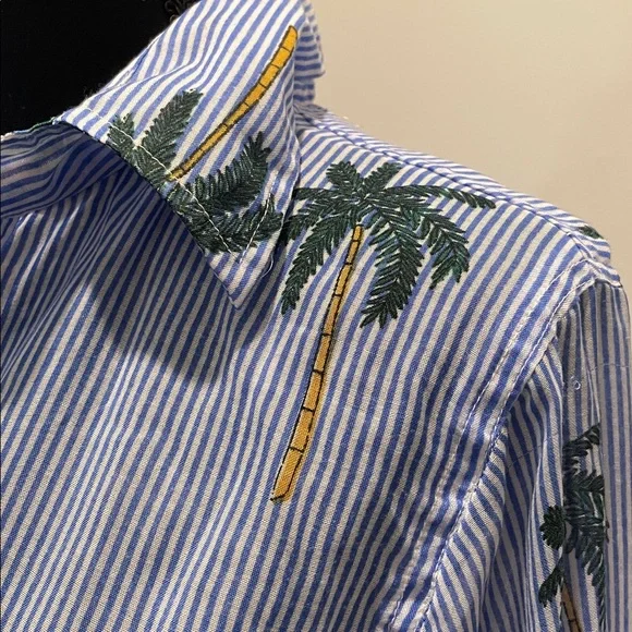 Violet Sky Overshirt Coverup Tunic Size S Blue White Stripes Tropical Vacation - Picture 11 of 13